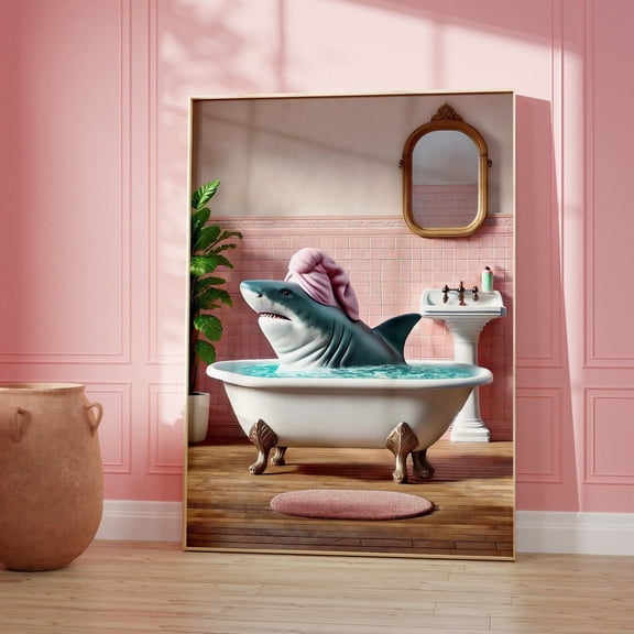 Shark In Tub Print, Great White Shark Art, Pink Bathroom Art Print, Ocean Wall Decor, Funny Bathroom Art, Wall Art UNFRAMED PAPER POSTER, Home Decor, Vintage Gift, Living Room Dercor