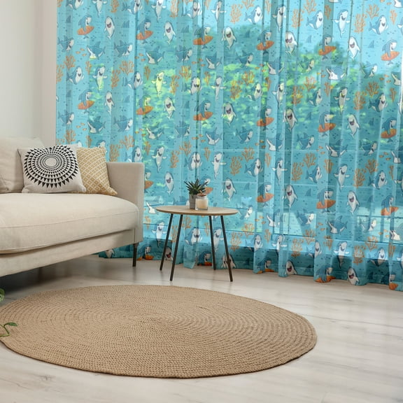 Shark Tulle Curtains with Rod Pocket, Underwater Fantasy World with Funny Fish Characters Cheerful Mascots, Sheer Drape for Wedding Party 2 Panels, 7 Sizes, Blue White Orange, by Ambesonne