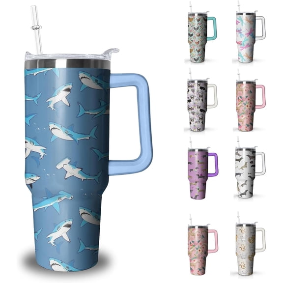 Shark Tumbler with Handle and Straw, 40 oz Stainless Steel Pink Insulated Cup with Lid and Straw,Travel Coffee Mug Water Bottle, Birthday Christmas Mothers Day Gifts for Animal Lovers Women
