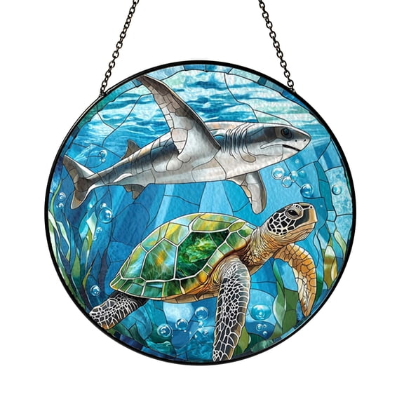 Shark Turtle Ocean Scene Window Suncatcher, Stained Glass Style Coastal Nature Art