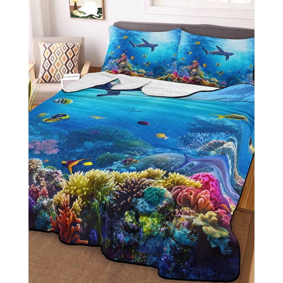 Shark Twin Size Down Alternative Comforter, Lightweight Comforter Quilt Bedding Set with Pillow Shams Blue Ocean Underwater Animal Coral Tropical Fish All Seasons Bed Comforter Duvet Insert 68"x86"