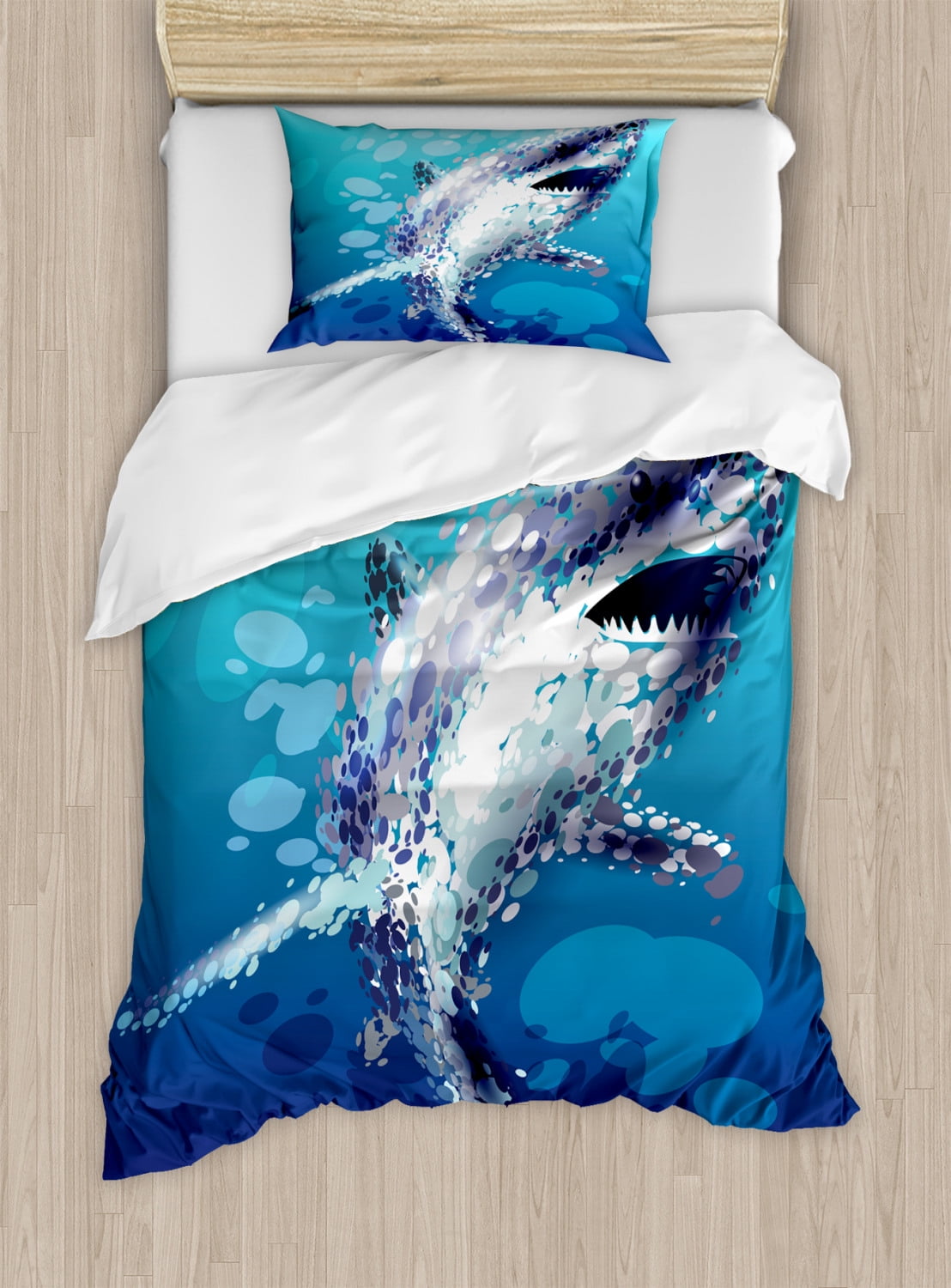 Twin Blue and White Shark Microfiber Duvet Cover Set