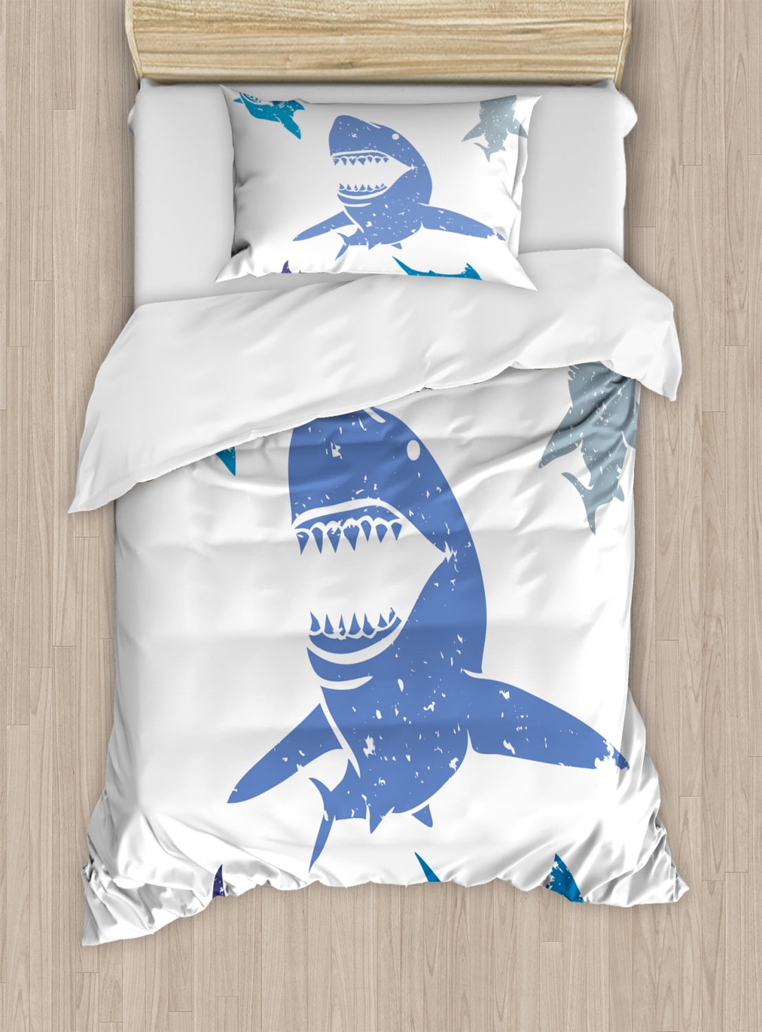 Blue Shark Print Twin Microfiber Duvet Cover Set