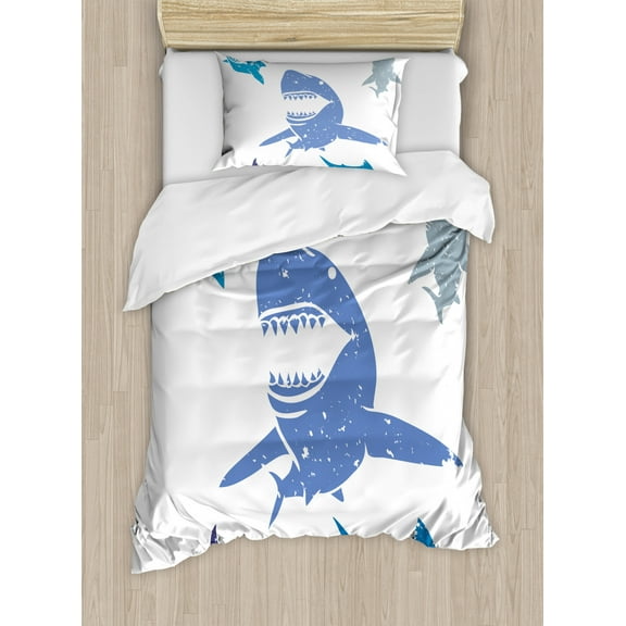 Shark Twin Size Duvet Cover Set, Grunge Style Big and Small Sharks with Open Mouths Predator Jaws Dangerous Image, Decorative 2 Piece Bedding Set with 1 Pillow Sham, Royal Blue, by Ambesonne