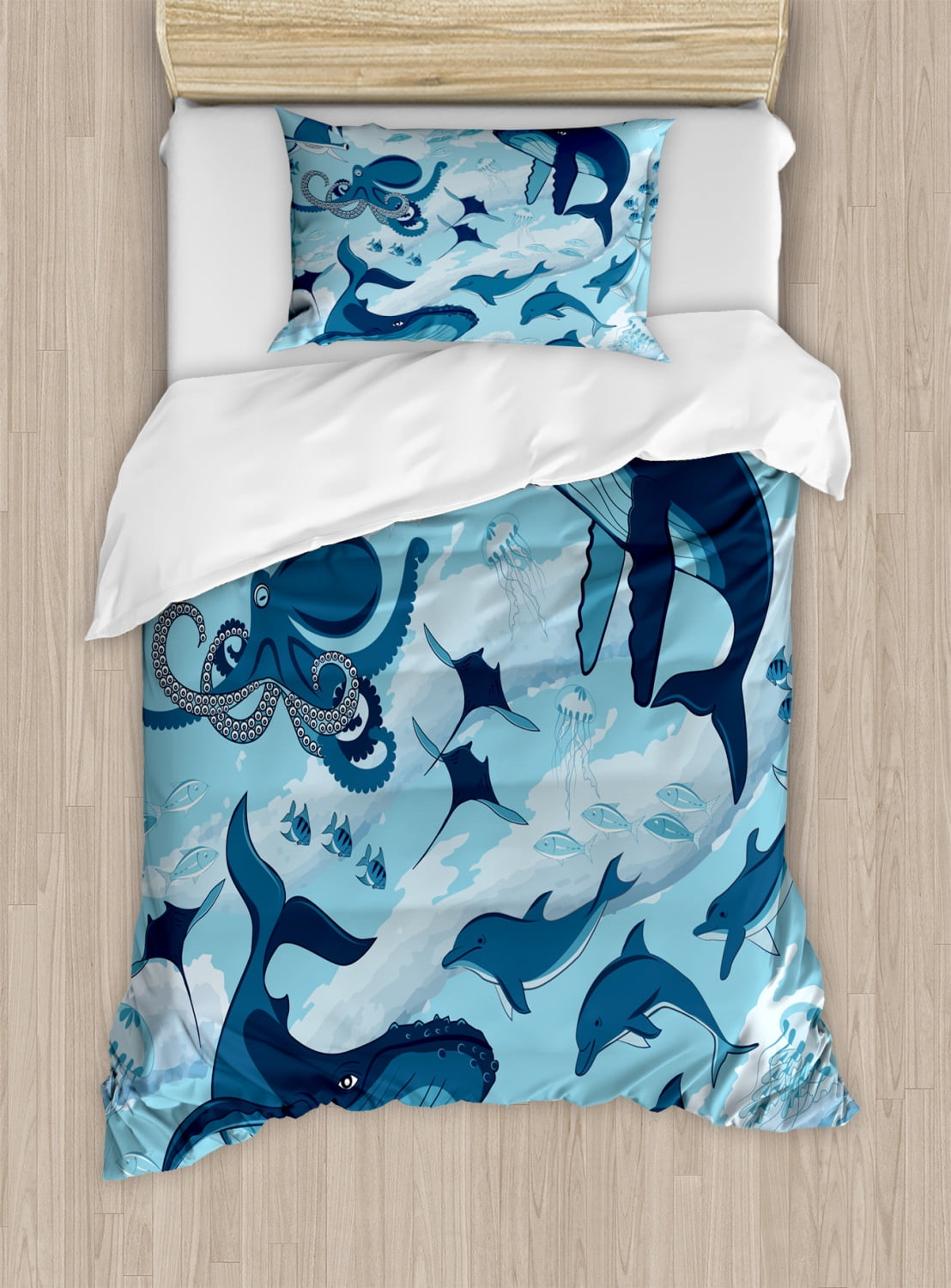Twin Blue Microfiber Sea Animal Duvet Cover Set