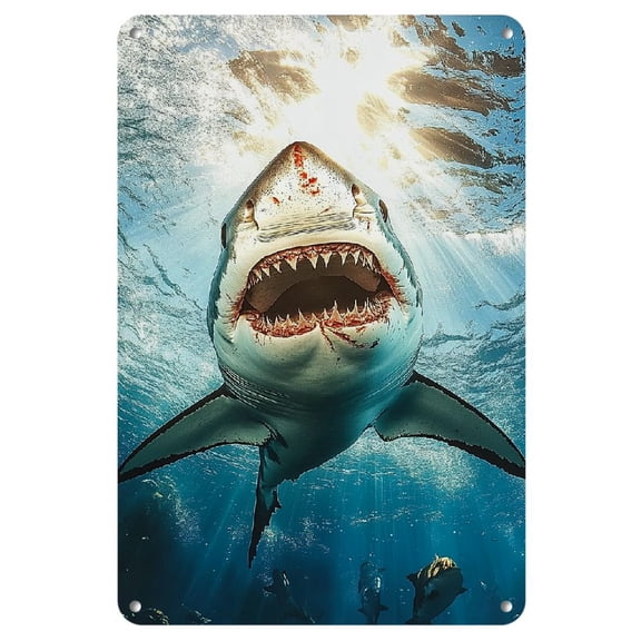Shark Underwater Scene Iron Metal Sign, 8x12 Inch Frameless Wall Art, Vibrant 2D Spray Paint, Versatile Indoor & Outdoor Decor for Living Room, Bedroom, Office, Bathroom - Ideal Gift