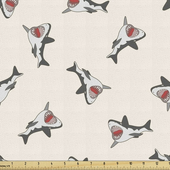 Ambesonne Shark Fabric by the Yard Upholstery, Aggressive Hungry Fishes, 3 Yards, Grey Red Cream