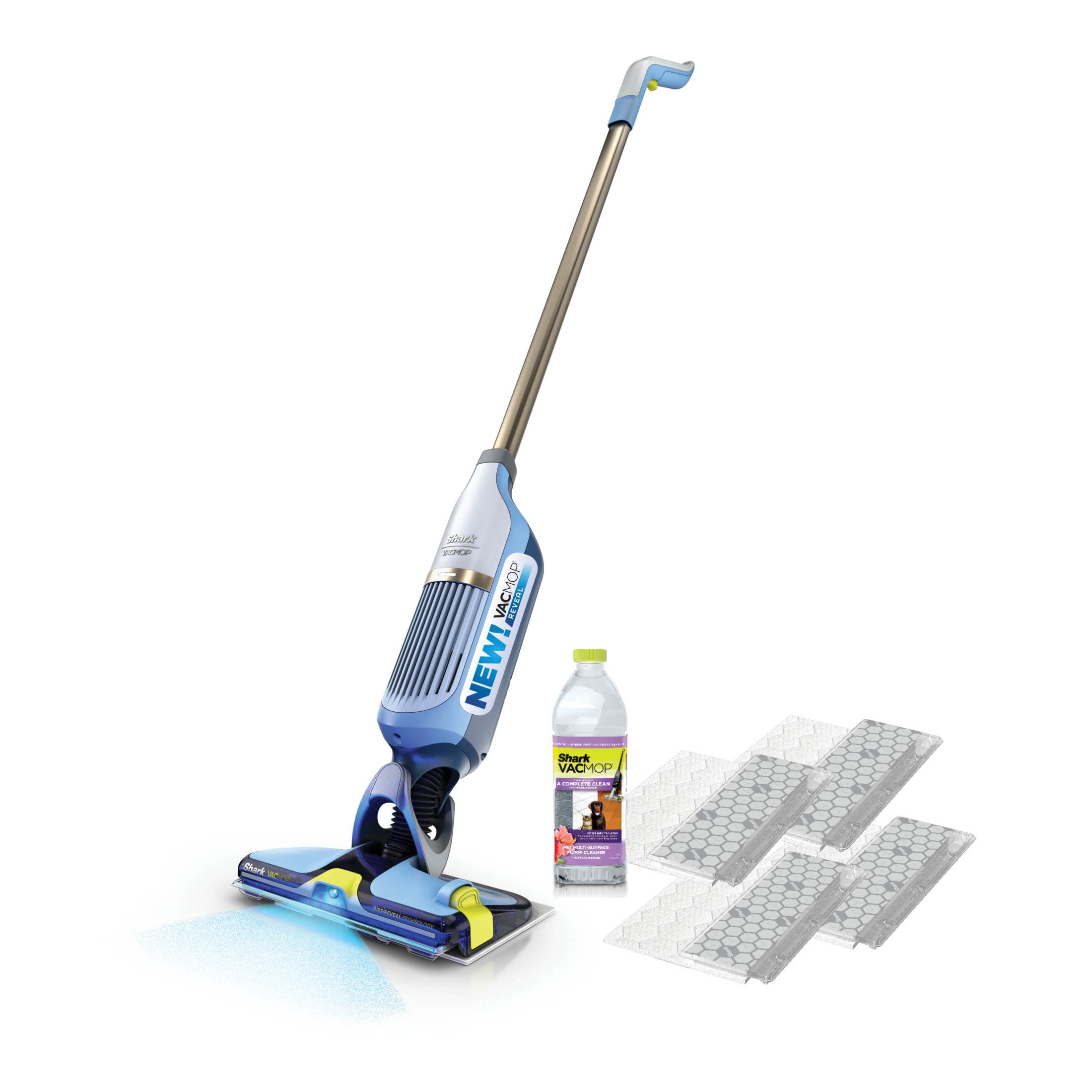 Shark VACMOP Reveal Cordless Hard Floor Cleaner, Vacuum and Spray Mop, 4 Disposable Pads, 12oz Pet Multi-surface Cleaning Solution, VM401BL Blue