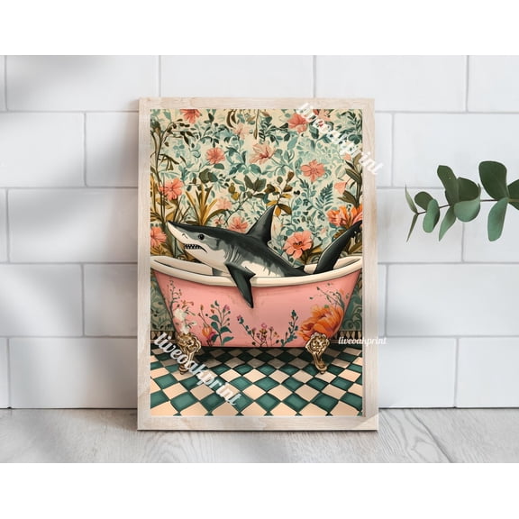 Shark In A Vintage Bathtub - Maximalist Bathroom Decor - Shark Bathroom Print - Maximalist Shark Print- Botanical Bathroom - Blue And Pink Wall Art, Modern Wall Decor, 24x36 UNFRAMED