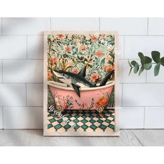 Shark In A Vintage Bathtub - Maximalist Bathroom Decor - Shark Bathroom Print - Maximalist Shark Print- Botanical Bathroom - Blue And Pink Wall Art, Modern Wall Decor, 8x12 UNFRAMED