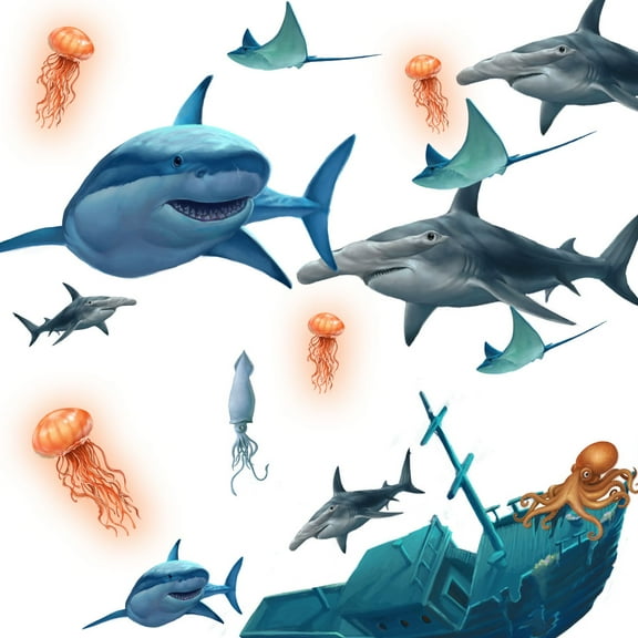 Shark Wall Decals Sea Life Sunken Pirate Ship Great White Hammerhead Sharks (16) Decals 2.5"-12.5"