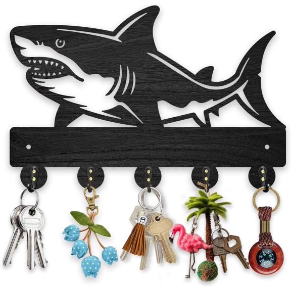 Shark Wall Mount Coat Rack Wood Fish Key Hanger for Wall 11.8×7.9inch Sea Ocean Creatures Key Holder Key Rack 5 Alloy Hooks Black Wall Art Decor for Gift Living Room Office Entryway