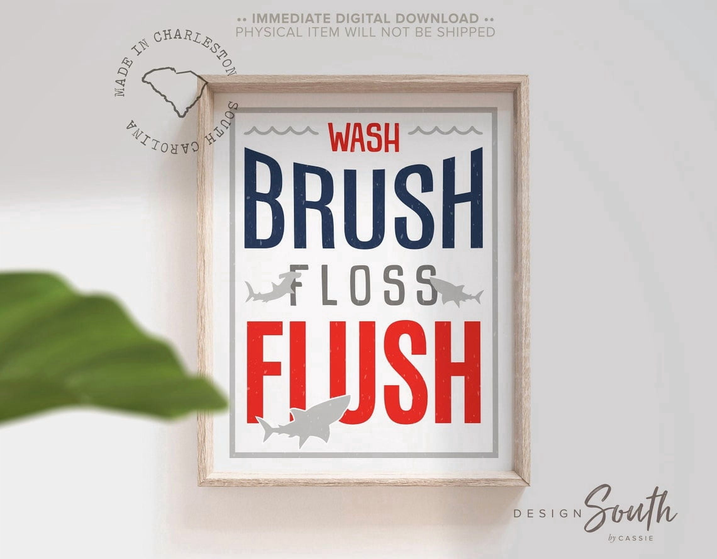 Shark Project Drawings Shark Wash Brush Floss Flush Wall Art Print, Playful Ocean Bathroom ...