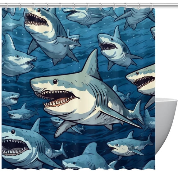 Shark Waterproof Bathroom Curtain Set with Hooks - Printed Shower Curtains for Bathroom Decoration