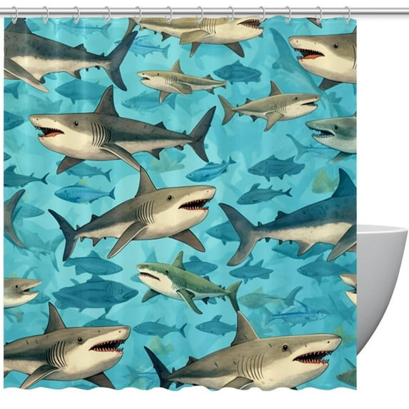Shark Waterproof Printed Bathroom Curtains with Hook for Shower Curtain Sets and Bathroom Decoration