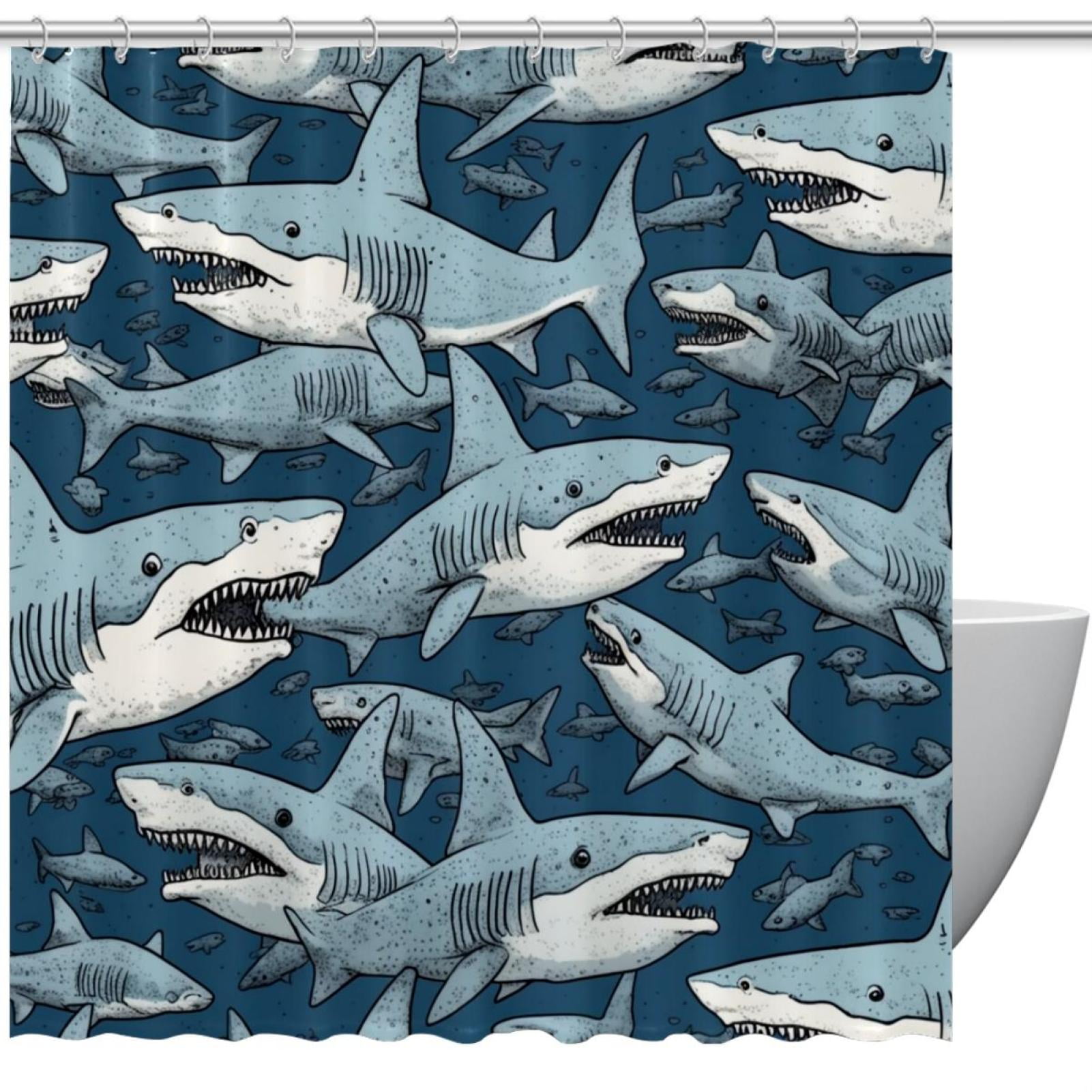 Shark Waterproof Shower Curtain Set with Hook, Printed Design for