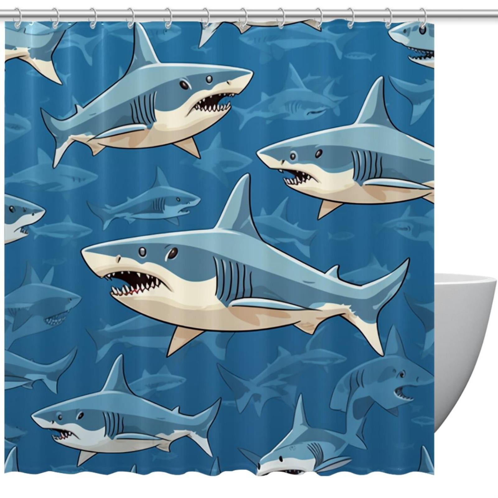 Shark Waterproof Shower Curtain Set with Hooks and Printed Design