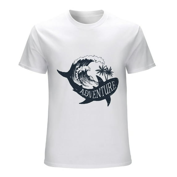 Shark, Wave And Palms. Adventure Men’s Graphic T-shirt Vintage Short Sleeve Sport Tee White 3XL
