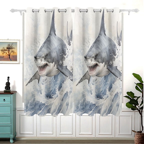Shark Wave Blue Blackout Curtain Panels 63x55in Drapes Privacy Assured for Living room Bedroom Bathroom 2 panels set