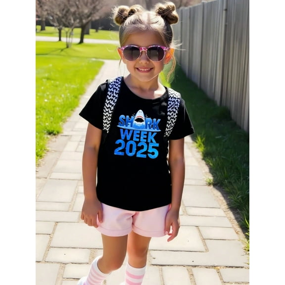 Shark Week 2025 Letter Print Summer Graphic T-shirts for Outdoor Sports and Daily Wearing, Young Girls T-Shirts, Size from 3-13Y