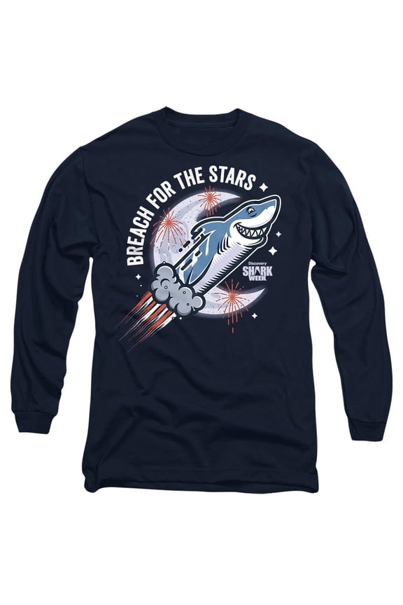 Shark Week Officially Licensed Breach for the Stars Unisex Adult Long-Sleeve T Shirt, Navy, Medium