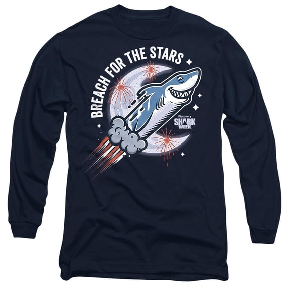 Shark Week Officially Licensed Breach for the Stars Unisex Adult Long-Sleeve T Shirt, Navy, Small