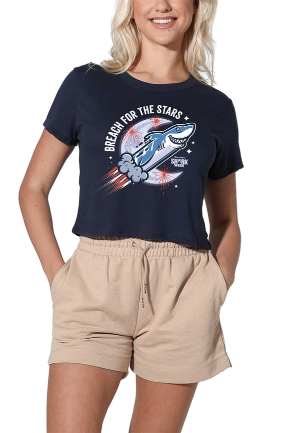 Shark Week Officially Licensed Breach for the Stars Women's Crop Top T-Shirt, Navy, Large
