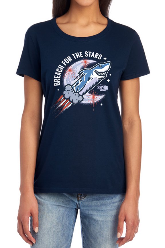 Shark Week Officially Licensed Breach for the Stars Women's T Shirt, Navy, Large