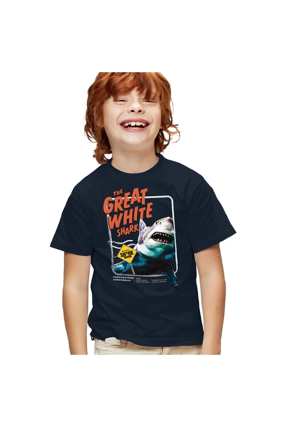 Shark Week Officially Licensed Great White Kids T Shirt for Youth Boys and Girls, Navy, Large