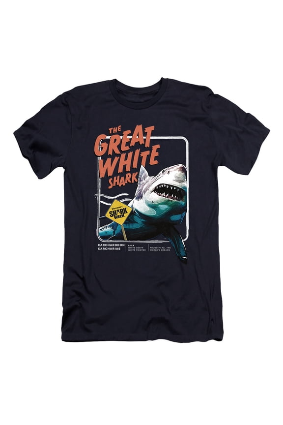 Shark Week Officially Licensed Great White Unisex Adult Canvas Brand T Shirt, Navy, Large