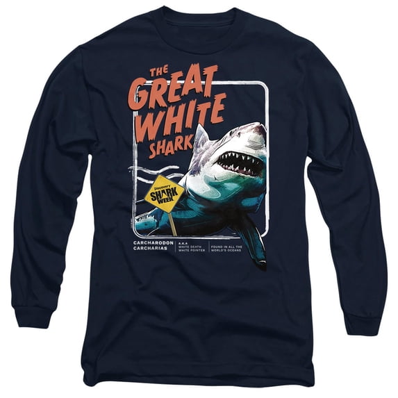 Shark Week Officially Licensed Great White Unisex Adult Long-Sleeve T Shirt, Navy, 3X-Large