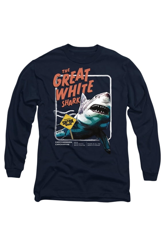 Shark Week Officially Licensed Great White Unisex Adult Long-Sleeve T Shirt, Navy, Small
