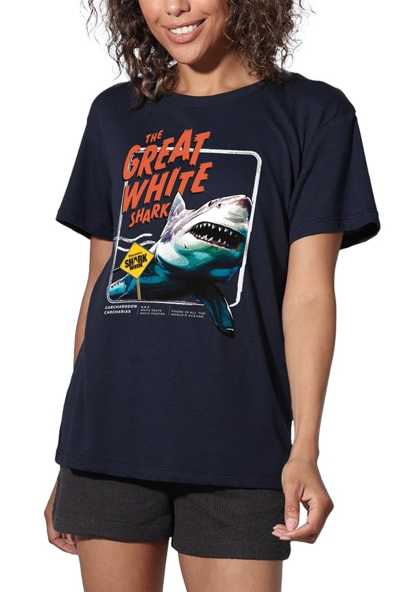 Shark Week Officially Licensed Great White Women's Loose T-Shirt, Navy, Medium