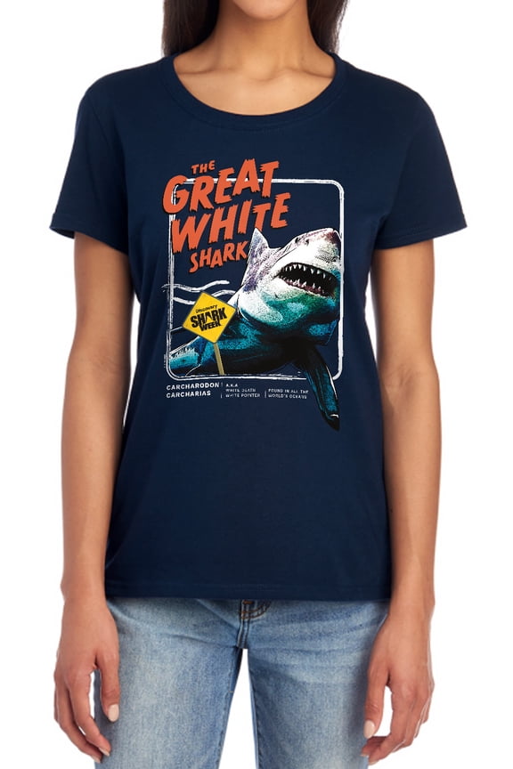 Shark Week Officially Licensed Great White Women's T Shirt, Navy, Large