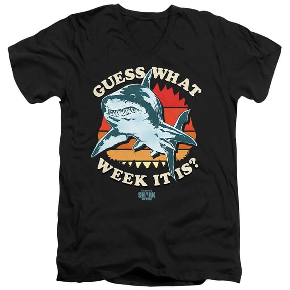 Shark Week Officially Licensed Guess the Week Unisex Adult V-Neck T Shirt (X-Large) Black