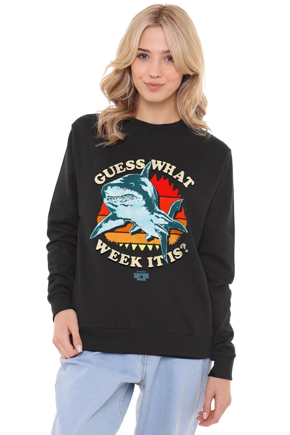 Shark Week Officially Licensed Guess the Week Women's Crew Sweatshirt, Black, Medium