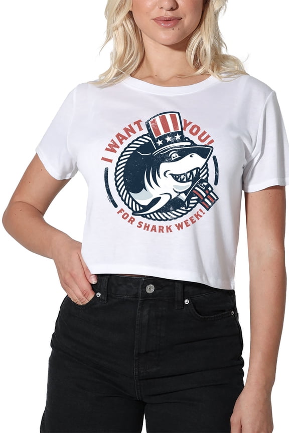 Shark Week Officially Licensed I Want You Women's Crop Top T-Shirt, White, Large