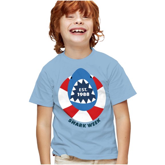 Shark Week Officially Licensed Life Buoy Kids T Shirt for Youth Boys and Girls, Light Blue, Large