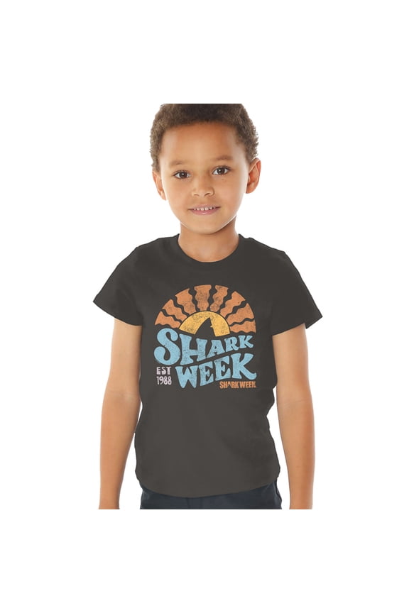Shark Week Officially Licensed Lino Sunset Kids T Shirt (2) for Toddler Boys and Girls, Charcoal