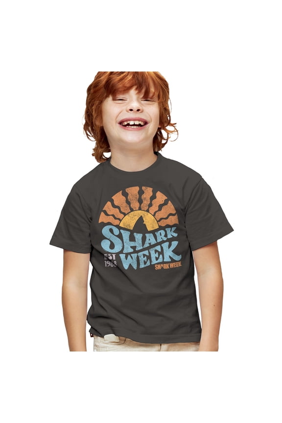 Shark Week Officially Licensed Lino Sunset Kids T Shirt for Youth Boys and Girls, Charcoal, Medium