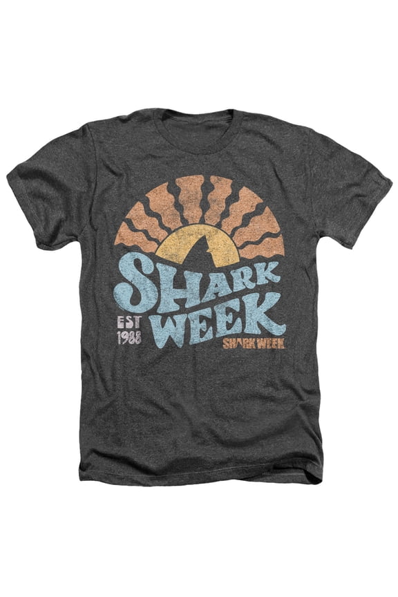 Shark Week Officially Licensed Lino Sunset Unisex Adult Heather T Shirt, Charcoal Heather, Medium