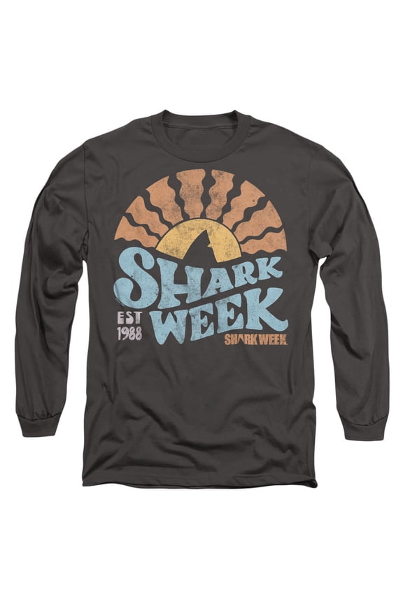 Shark Week Officially Licensed Lino Sunset Unisex Adult Long-Sleeve T Shirt, Charcoal, Large