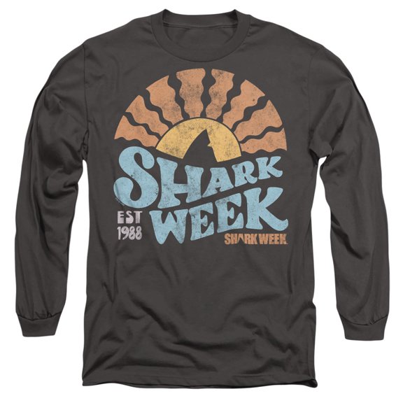 Shark Week Officially Licensed Lino Sunset Unisex Adult Long-Sleeve T Shirt, Charcoal, Large