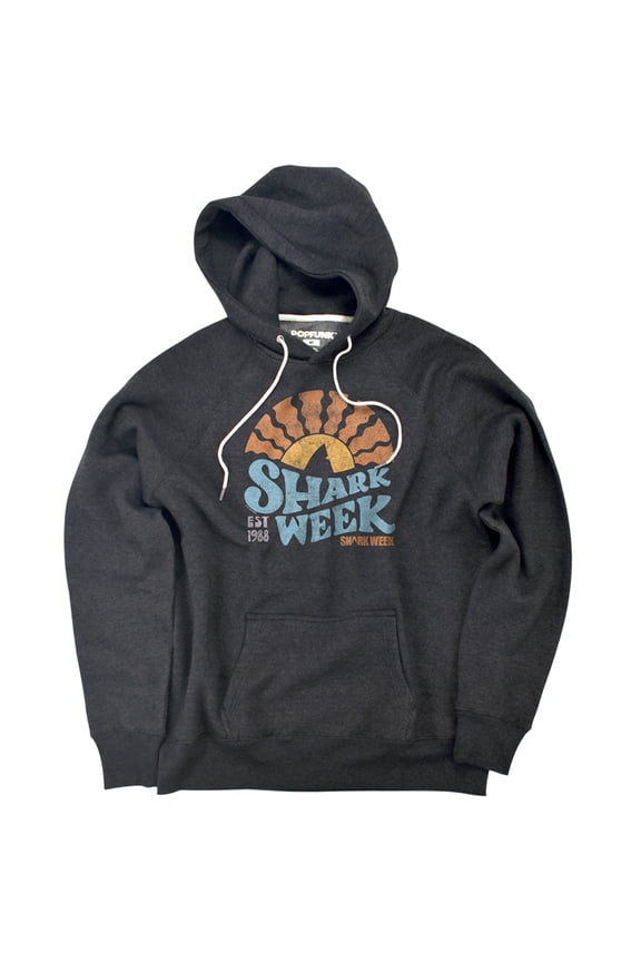 Shark Week Officially Licensed Lino Sunset Unisex Adult Slim Fit Pull-Over Heather Hoodie, Charcoal, Medium