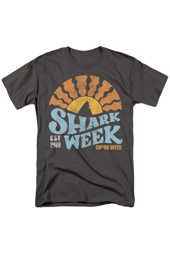 Shark Week Officially Licensed Lino Sunset Unisex Adult T Shirt, Charcoal, Small