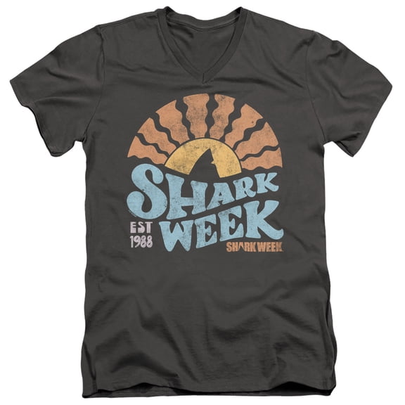 Shark Week Officially Licensed Lino Sunset Unisex Adult V-Neck T Shirt (2X-Large) Charcoal