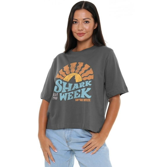 Shark Week Officially Licensed Lino Sunset Women's Boxy Cropped T-Shirt Casual Graphic Tee