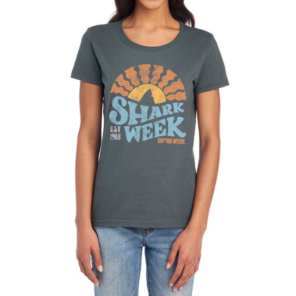 Shark Week Officially Licensed Lino Sunset Women's T Shirt, Charcoal, Medium