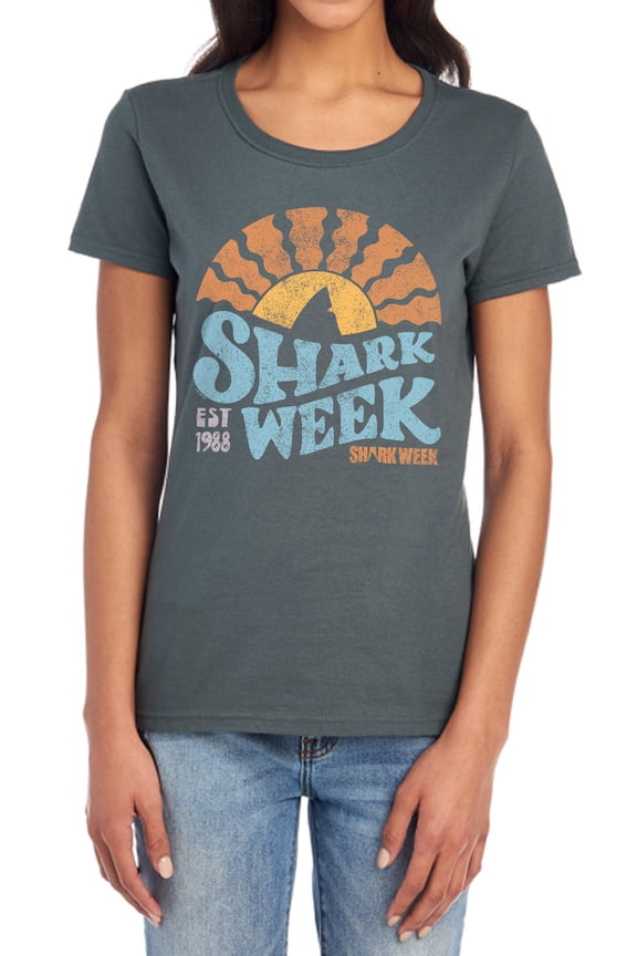 Shark Week Officially Licensed Lino Sunset Women's T Shirt, Charcoal, Small