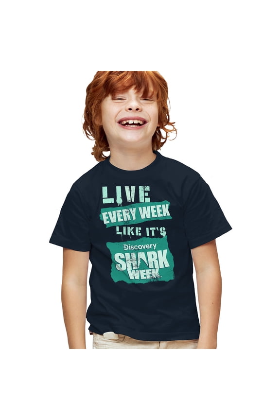 Shark Week Officially Licensed Live Every Week Kids T Shirt for Youth Boys and Girls, Navy, Large